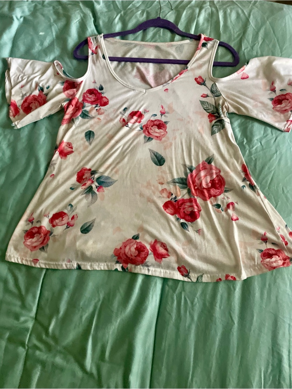 Cold-Shoulder Floral Tunic Top in Cream and Pink